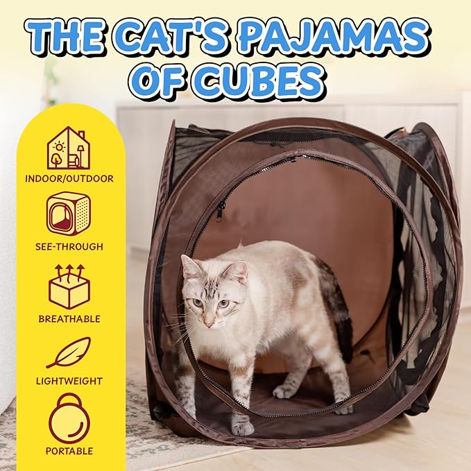 Sexy Liza’s Pop Up Tent Cat Cube - 24x22x20” Play Tent w/ 14” Hole - Connects with Snarky Pets Timmy & Mister’s Tunnel - Outdoor Cat Tent, Play Pen, Zip Connect, Outdoor cat House or Small Dog Bed