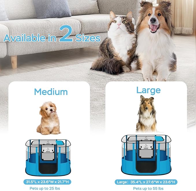 Portable Pet Playpen with Waterproof pad,Collapsible Crates Kennel Playpen for Dog cat and Rabbit &Travel playpen Outdoor or Indoor (Large（35.4" L x 27.6" W x 23.6" H）, Clear Blue)