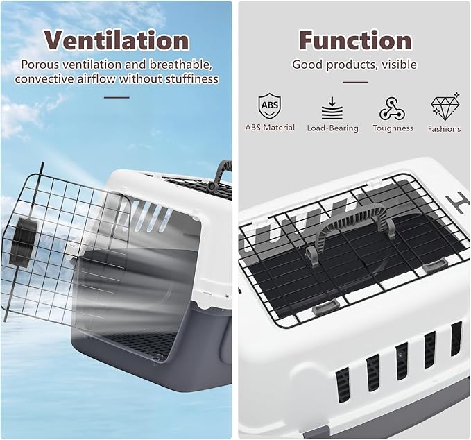 Athena Collection 22" Hard-Sided Travel Pet Carrier for Small Dogs and Cats, Plastic Dog Crate with 2-Door Top & Front Load, Ventilation, Security Lock, Cat Dog Carrier for Pet, up to 22lbs, Grey
