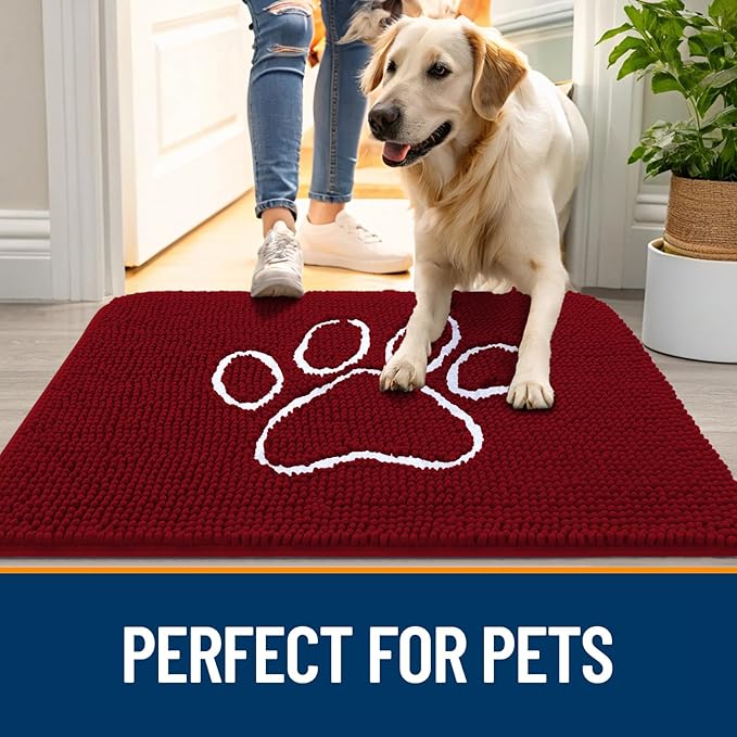 OLANLY Dog Door Mat for Muddy Paws 30x20, Paw Print Design, Absorbs Moisture and Dirt, Absorbent Non-Slip Washable Doormat, Quick Dry Chenille Mud Mat for Dogs, Entry Indoor Entryway Carpet, Red