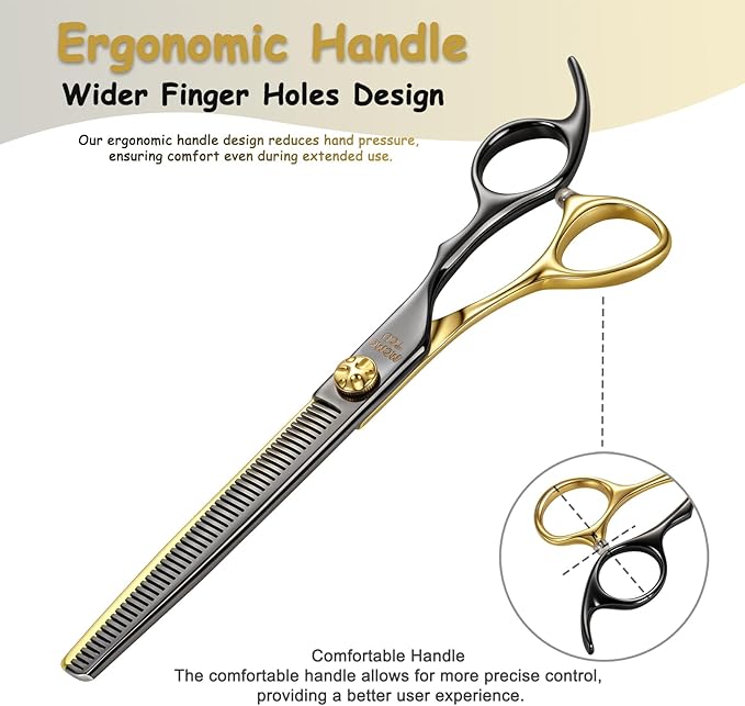 7.5'' Thinning Dog Grooming Scissors with Decorative Screw Sharp and Durable Black and Gold 440C Stainless Steel Dog Thinner Shears Easy Use for Groomers and Beginners.