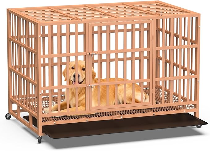 Heavy Duty Indestructible Dog Crate 48 Inch with Removable Tray, Sizes & Colors Optional, Escape Proof Double Door High Anxiety Cage Indoor, Kennel with Wheels for Large Dogs, XL XXL XXL