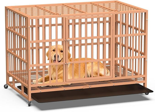 Heavy Duty Indestructible Dog Crate 48 Inch with Removable Tray, Sizes & Colors Optional, Escape Proof Double Door High Anxiety Cage Indoor, Kennel with Wheels for Large Dogs, XL XXL XXL