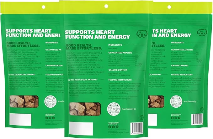 Get Joy Freeze Dried Superfood 100% Beef Heart Dog Treats, 4 Ounce Bag (Pack of 3), Single Ingredient Organ Meat, High Protein, Heart Health, Energy, Grain Free, Gluten Free, Made in USA