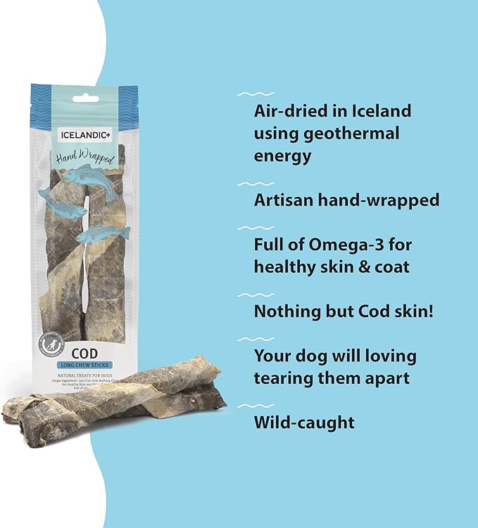 Icelandic+ Long Chew Sticks: Cod Skin - 2Piece 10" Hand Wrapped Dog Treats, 3.2oz, Wild- Caught, Air-Dried Single Ingredient Pet Snacks, Just The Fish