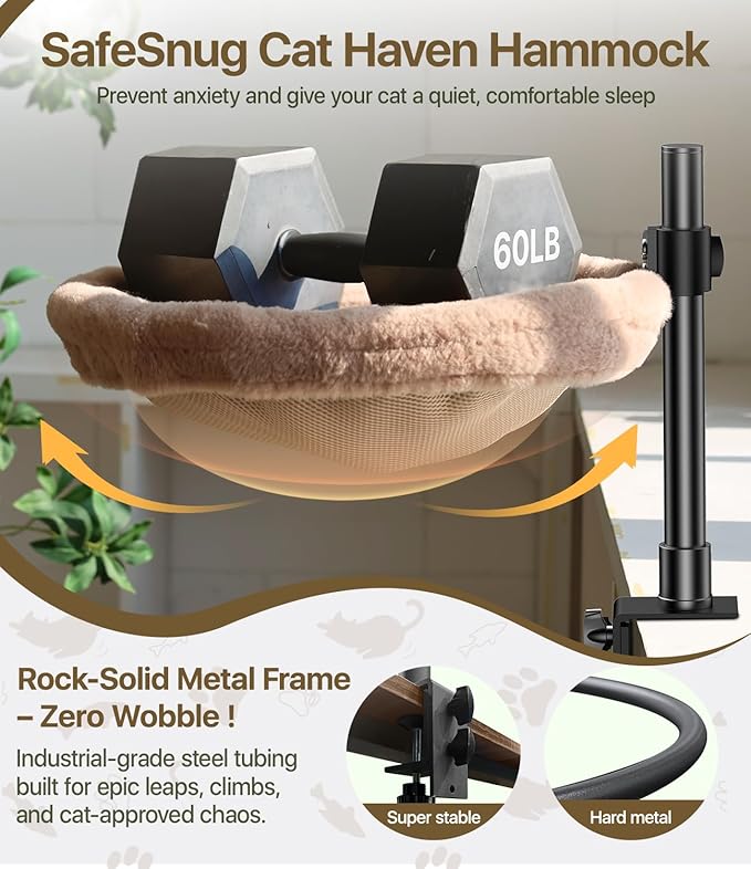 Cat Desk Bed, Cat Hammock for Home Office, 360°Rotating & Adjustable Shelf, Removable Comfortable Soft Pet Nest Bed, Modern Unique Kitten Furniture Attachment for Game Tables, Brown