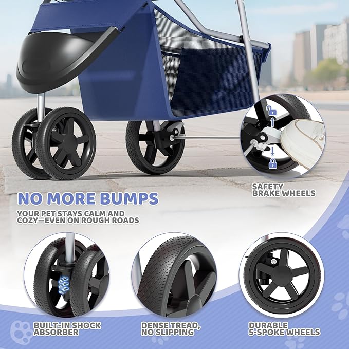 Magshion 3-Wheel Pet Stroller, Foldable Travel Jogger for Small & Medium Dogs & Cats (Up to 33lbs), Lightweight Carrier with Breathable Mesh Cover, Cup Holder & Storage Basket, Navy Blue