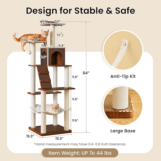 Modern Cat Tree - 64 inch Cat Tower for Indoor Cats, Multi-Level Cat Condo with 7 Fully Wrapped Scratching Posts, 2 Perches, Hammock, Removable Pad & Dangling Balls-Walnut Brown