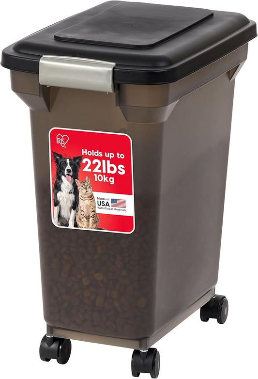IRIS USA WeatherPro Airtight Dog Food Storage Container, Up to 22 lbs, Attachable Wheels, For Dog Cat Bird and Other Pet Food Storage Bin, Keep Fresh, Easy Mobility, BPA Free, Smoke