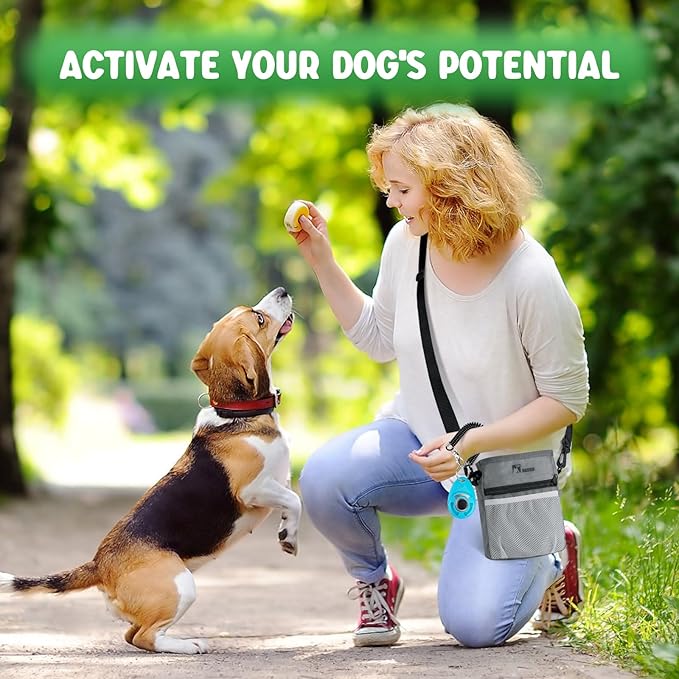 BARKIE Dog Treat Pouch and 2 Dog Training Clickers with Dog Positive Reinforcement Training Booklet (Grey)