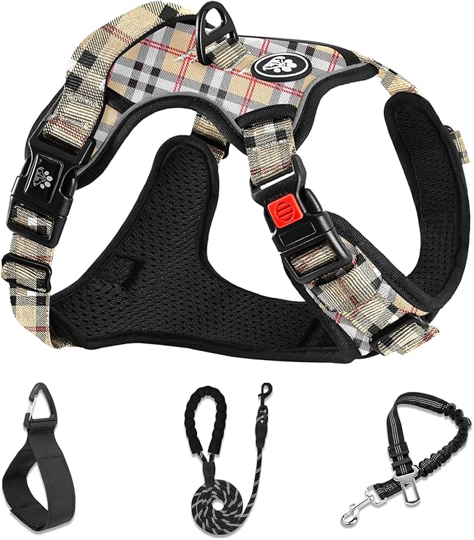 NESTROAD No Pull Dog Harness with Leash, Reflective No Choke Pet Vest Harness,Adjustable Soft Padded Dog Harness with Easy Control Handle for Large Dogs(Checkered Beige,Large)