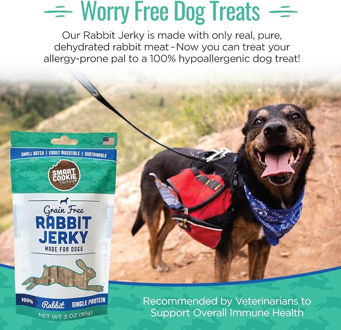 Smart Cookie Single Ingredient Rabbit Jerky Dog Treats - Training Treat Strips for Dogs and Puppies with Allergies, Sensitive Stomachs - Dehydrated, 100% Meat, Grain Free, Made in USA - 3oz, Pack of 3