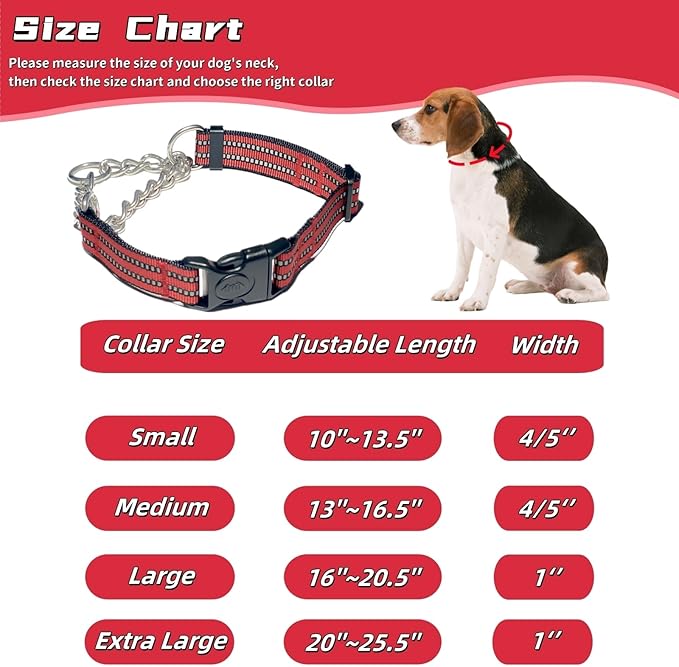 Martingale Dog Collars, Reflective Nylon Collar with Stainless Steel Chain, Adjustable Walking Training Dog Collars with Quick Release Buckle, Suitable for Small Medium Large Dogs(Red,S)