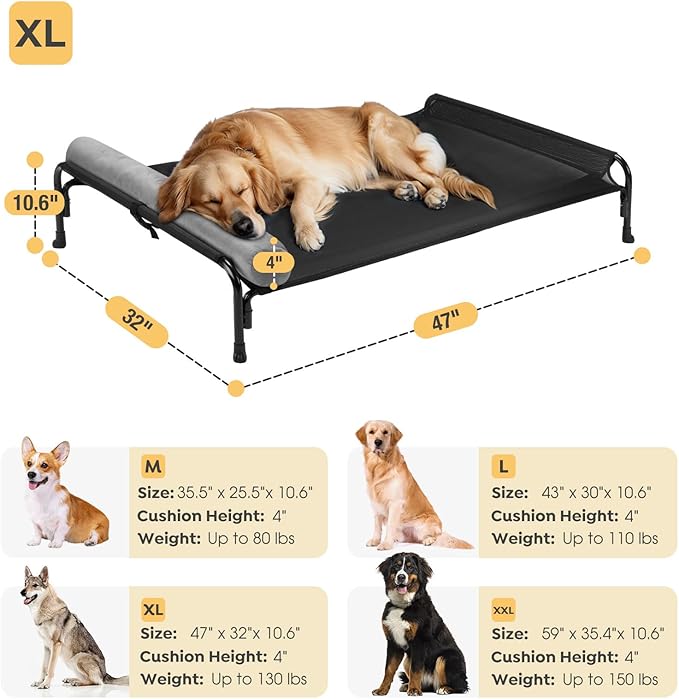 Veehoo Large Elevated Dog Bed, Outdoor Raised Dog Cot Hammock Bed with One-Sided Removable Headrest Bolster, Cooling Breathable Washable Teslin Mesh, Off Ground, Anti-Slip, XL, CWC2204BCP