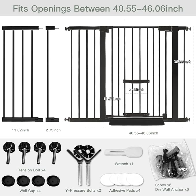 37 Inch Tall Baby Gate with Cat Door, Adjustable 29.55" and -46.06",Auto Close Pet Gate Easy Walk Thru Pet Door for Stairs, Doorway, House, Pressure Mounted Safety Child Gates