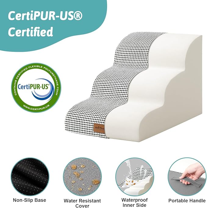 Dog Stairs for Small Dogs 15.7" H, Curved Dog Step for Puppy, Older Cat, Medium Pet Ramp for Sofa, Couch or Chair, Ladder with High Density Foam, 3 Step, 15.7x22.4x15.7 inch, White Black