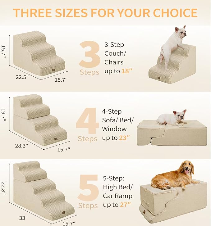 Made4Pets Dog Stairs Ramp for High Bed, 5-Step Pet Stairs for Bed Couch Sofa Climbing, 35D Foam Pet Steps for Small Dogs and Cats, Non-Slip Bottom Dog Steps, Beige