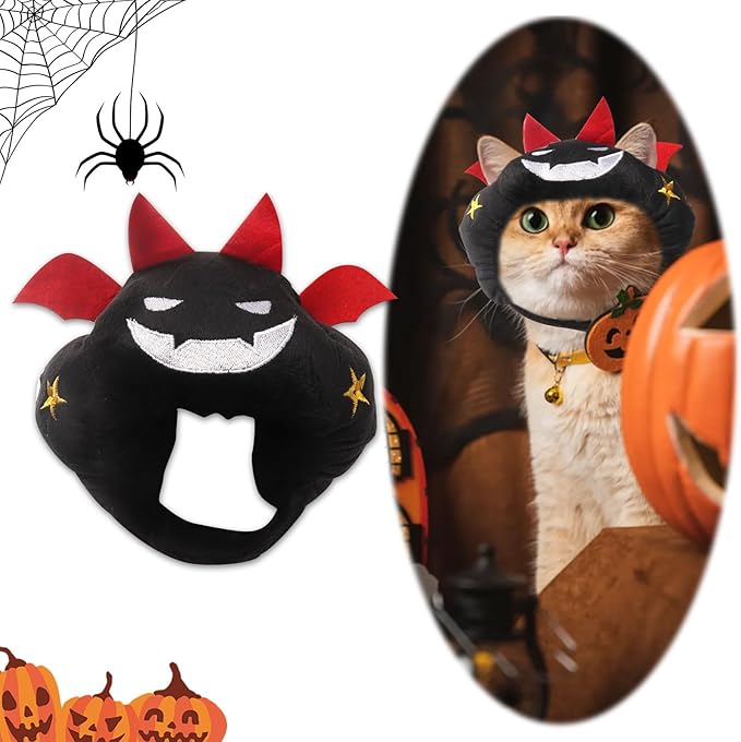 ABTOLS Halloween Dog Cat Bat Shape Hat, Adjustable Soft Small Pet Black Bat Cap Headwear for Puppy Dogs Kittens Halloween Festival Cosplay Costume Accessory Headgear