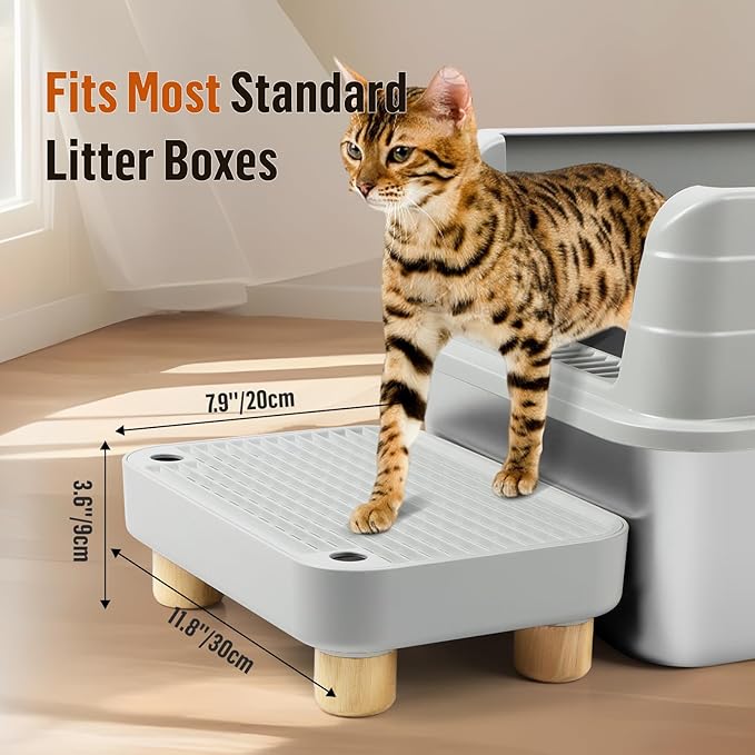 Cat Litter Box Step Ramp, Cat Litter Catcher Mat with Wooden Feet, Filter Function, Pedal Stool for Self-Cleaning Litter Box, Ideal for Kitten & Elderly Cats(Light Grey)