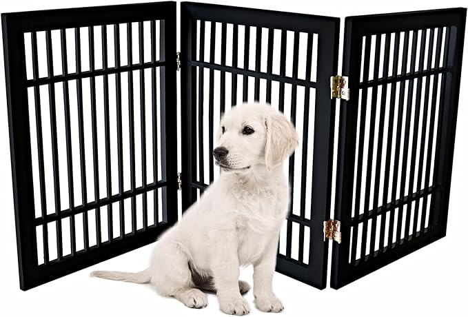 Pet Dog Gate Strong and Durable Freestanding Folding Acacia Hardwood Portable Wooden Fence Indoors or Outdoors by Urnporium (Black Pet Gate, 3 Panel 24" Tall)