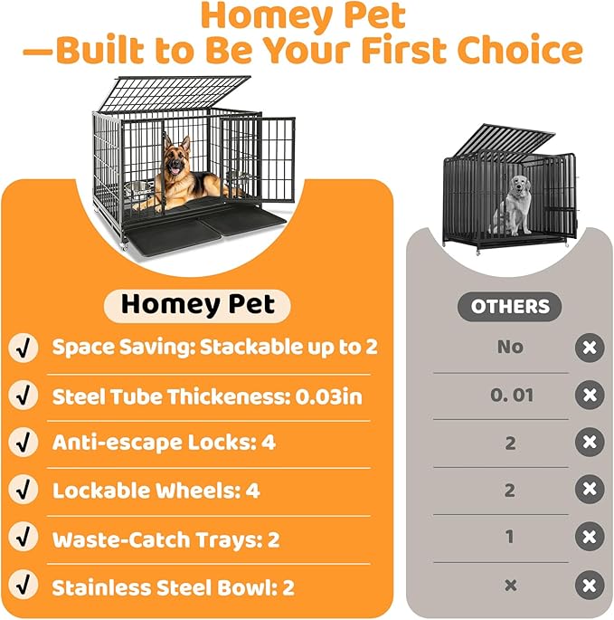 Homey Pet Two Tiers 48 Inch Heavy Duty Indestructible Dog Crate, Stackable Escape Proof Dog Cage Kennel Indoor with Two Removable Trays, Metal Grids, Wheels, Bowls, Double Doors for Large Dogs(6 Pack)