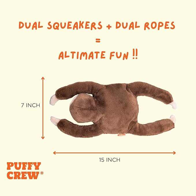 Squeaky Disk & Built-in Rope Dog Plush Toy, Bustling Safari Collection, 15", for Dogs of All Breeds (Sloth)