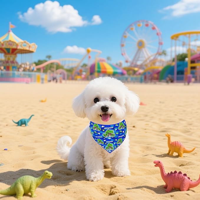 7 PCS Dinosaurs Dog Bandanas for Small Dogs Stitching Edge Dog Bandanas for Puppy Doggy Print One Side Scarves Party Grooming S