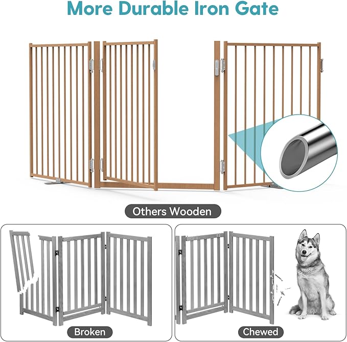 No Pawblems Free Standing Dog Gate with Door, 30'' Tall Foldable Dog Fence for Indoor & Outdoor, Up to 78 Inch Extra Wide Puppy Gate for Stairs, Hallways, Doorways, Deck, Yard (Wood Pattern, 3 Panels)