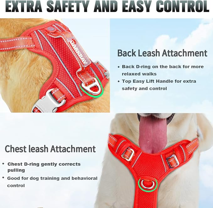 BARKBAY No Pull Dog Harness Large Reflective Dog Harness with Front Clip and Easy Control Handle for Walking Training Running with ID tag Pocket(Red,L)