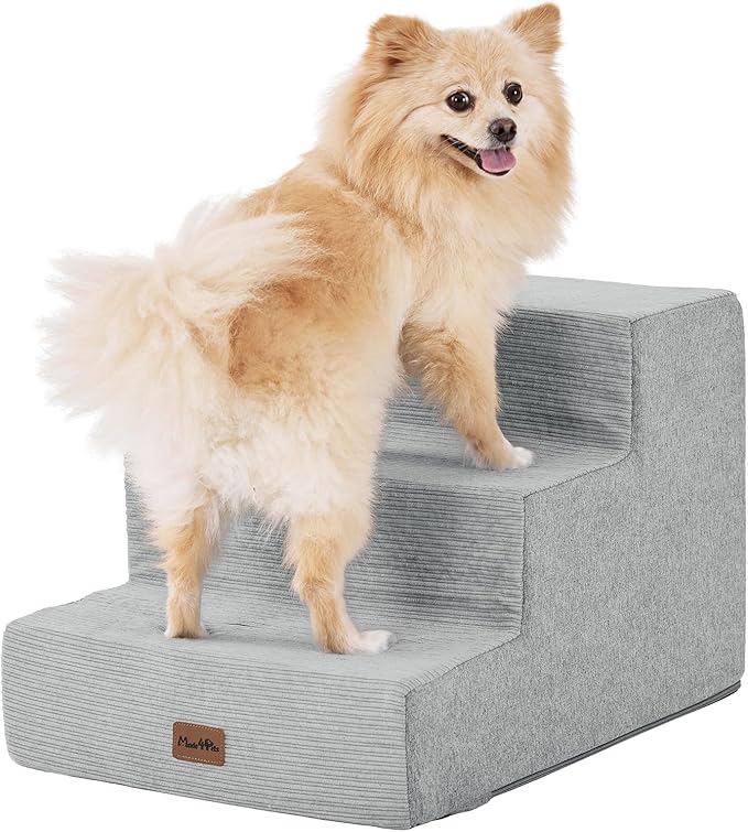 Made4Pets Dog Stairs for Small Dogs, Extra Wide Dog Steps for Bed Couch Sofa and Chair, 35D Foam Pet Steps for Small Dogs and Cats(Up to 40lbs), Non-Slip Bottom Pet Stairs, Light Grey, 3 Steps