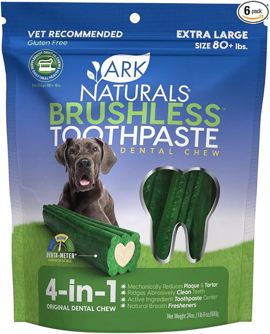 Ark Naturals Brushless Toothpaste, Dog Dental Chews for Extra Large Breeds, Freshens Breath, Unique Texture Helps Reduce Plaque & Tartar, 24oz, 6 Pack