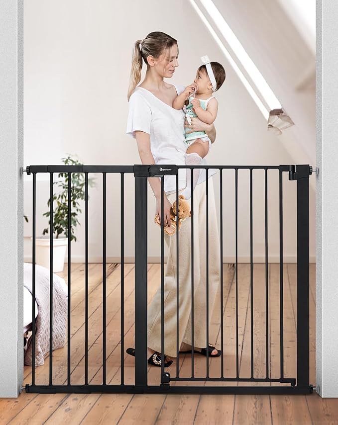 COMOMY 36" Extra Tall Baby Gate for Stairs and Doorways - Fits 29.5" to 48.8" Wide Openings, Auto Close Extra Wide Dog Gate for House, Pressure Mounted Easy Walk Through Pet With Door, Black