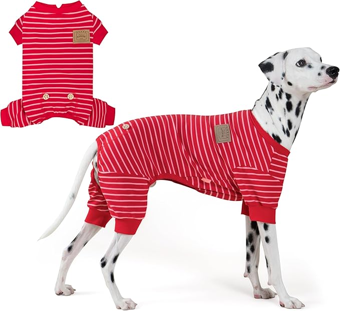 KYEESE Dog Pajamas, Striped Velvet Fleece Pet Jumpsuit, 4 Legs PJS Soft Doggie Jammies, Stretchable Dog Pajamas Pet Costumes, Comfortable Sleepwear for Small Dogs,Red Striped, X-Large
