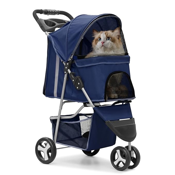 Cat & Dog Stroller, 3-Wheels Foldable Pet Stroller for Medium/Puppy Dogs & Cats, 30 Lbs, Breathable Mesh Navy with Storage Basket & Cup Holder