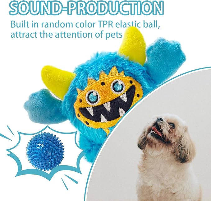 Plush Squeaky Dog Ball, Little Monster Puppy Toys Suitable for All Breeds, Chew Guard, Floating Water and Durable Interactive, Round and Soft (Blue, Large)