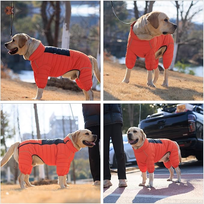 Lovelonglong Warm Jacket - 4 Legs Covered Waterproof Windproof Reflective Vest, Zippered Adjustable Outdoor Snow Jacket for Small Medium Large Dogs, Orange XL