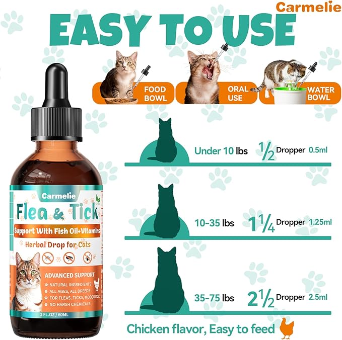 Flea and Tick Support for Cats, Natural Cat Flea Liquid Drops, Flea & Tick Supplement with Vitamins & Fish Oil for Cats - All Breeds, Kittens to Senior Cat - Chicken Flavor