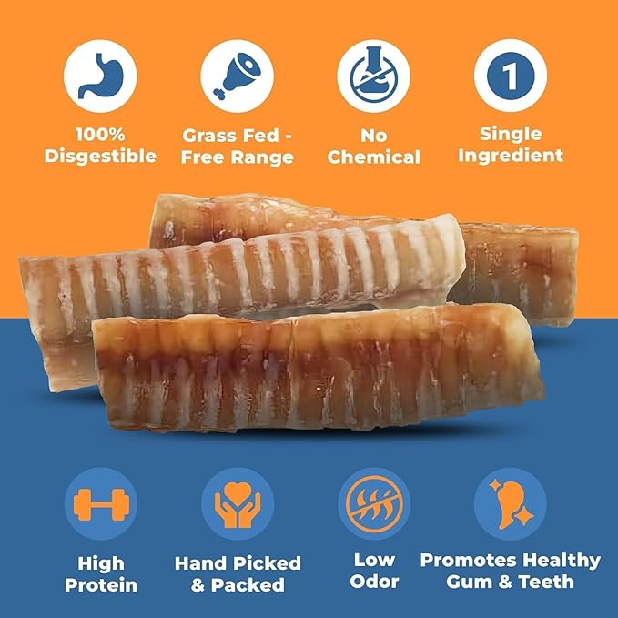 Trachea Dog Chews - Premium Beef Trachea for Dogs Packed in USA - Natural Cow Trachea Dog Treats - Supports Joint Health - High Protein - Long-Lasting Chew for All Breeds - 25 Pack