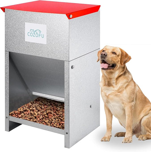 Dog Feeder - Galvanized Metal Pet Food Station for Indoor & Outdoor Use - Automatic Gravity-Fed Dispenser Suitable for Small, Medium, and Large Dog Breeds - Capacity: 50 Pounds of Dry Kibble