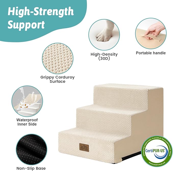 Dog Stairs for Small Dogs, 3 Tier Pet Stairs for Couch, 13.5" H Non-Slip Dog Steps for Old Cats, Puppy, Small Dogs, 15.7x17.7x13.5 inch, Beige