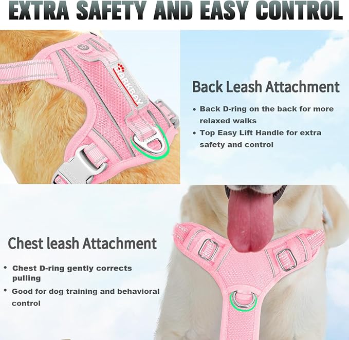 BARKBAY No Pull Dog Harness Large Reflective Dog Harness with Front Clip and Easy Control Handle for Walking Training Running with ID tag Pocket(Baby Pink,XS)