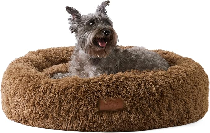 TOWN & COUNTRY LUXE CuddleTown Fuzzy Solid Donut Pet Bed, Soft, Cozy & Calming, Non-Slip Bottom, 100% Machine Washable, Brown, Medium 28"x28"x7" Round