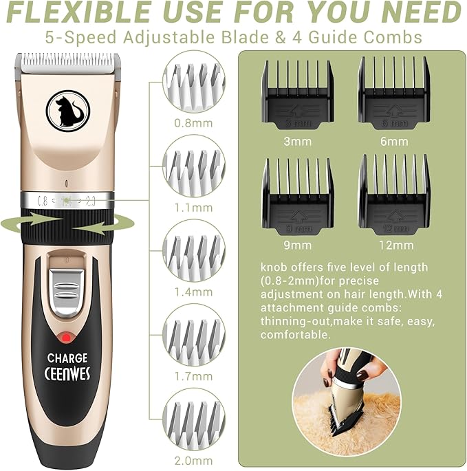 Ceenwes Dog Clippers Low Noise Pet Clippers Rechargeable Trimmer Cordless Grooming Tool Professional Dog Hair Trimmer with Comb Guides Scissors for Dogs Cats & Others（Gold）
