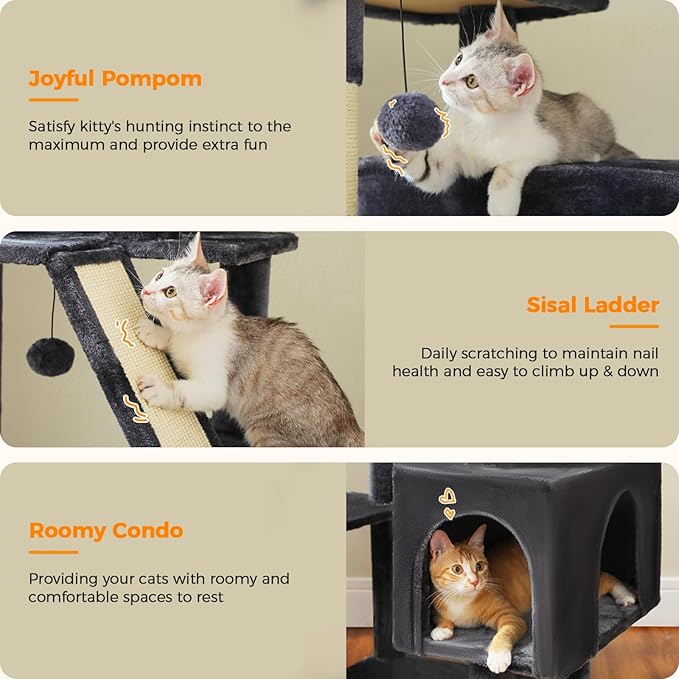 71 Inch Tall Cat Tree for Indoor Cats Large Adult, Multi-Level Cat Tower with Extra Large Hammock, 2 Cat Caves, Spacious Top Perch, Scratching Pad, Dark Grey