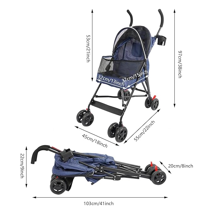 Pet Stroller, Foldable Pet Stroller with Weather Cover, Dog Cat Strolling Cart with 360° Wheels & Brakes for Small and Medium-Sized Dogs or Cats (Blue)