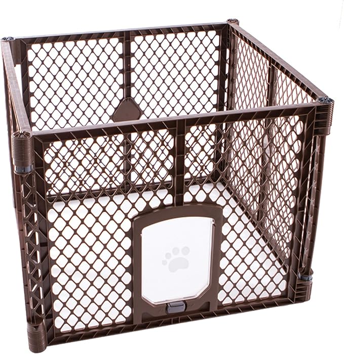 MyPet North States Petyard Passage: 4-Panel Folding Dog Playpen Indoor or Outdoor. 7 sq. ft. Puppy Playpen, Lockable Pet Door. Freestanding Play Pen Dog Gate. Made in USA. 26" Tall, Brown