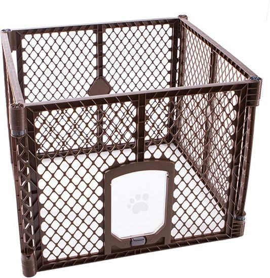 MyPet North States Petyard Passage: 4-Panel Folding Dog Playpen Indoor or Outdoor. 7 sq. ft. Puppy Playpen, Lockable Pet Door. Freestanding Play Pen Dog Gate. Made in USA. 26" Tall, Brown