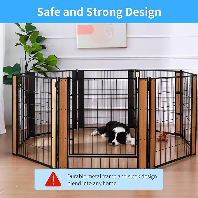 Heavy Duty Dog Playpen 32 Inch Height - Indoor Outdoor Pet Fence Enclosure for Medium and Small Dogs - Foldable Puppy Exercise Pen for Indoor and RV Camping or Yard (Door Panel, 32" H (Oak))