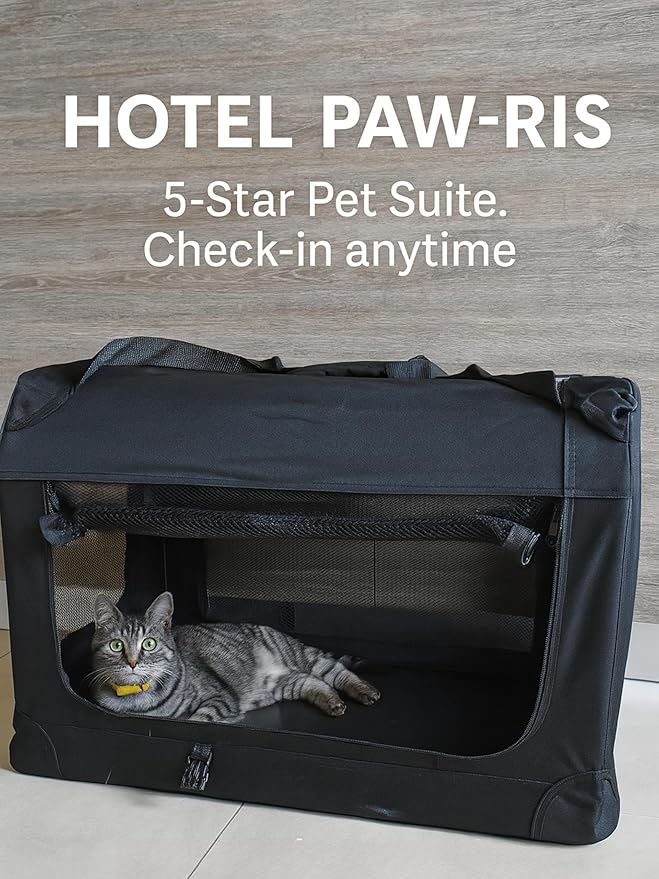 Meraki Home 3-Door Soft-Sided Mesh Pet Carrier – Portable Foldable Travel Crate Kennel for 2 Cats, Medium Dogs, Rabbits – Indoor/Outdoor Use, M Size (27"x21"x21"), Black