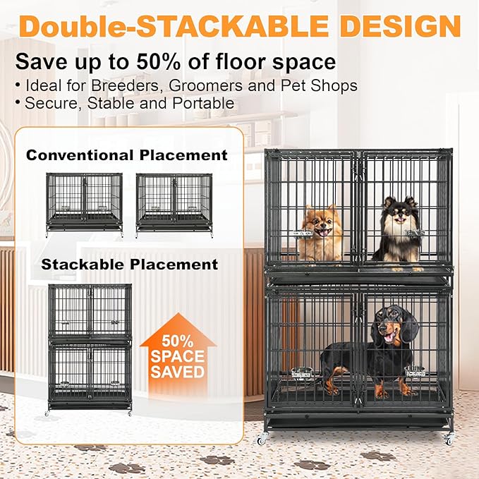 Homey Pet 43 Inch 2 Tiers Dog Crate Cage Kennel with Divider, Stackable Heavy Duty Dog Crate for Large Dogs, Escape Proof Indestructible Dog Kennel Indoor with Removable Tray, Lockable Wheels(4 Packs)